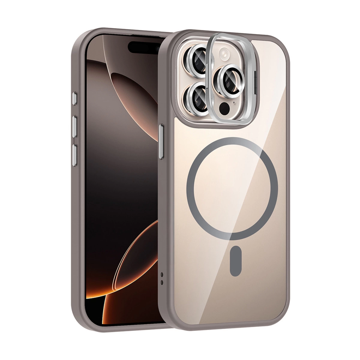 NEWFACE iPhone 14 Pro Max Uyumlu Remim Lensli Magsafe Standlı Kapak Telefon Kılıfı Titan Gri