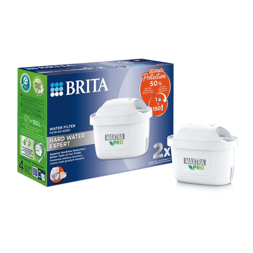 Eine Brita MAXTRA PRO Wasserfilter-Verpackung mit einem einzelnen Filter daneben.