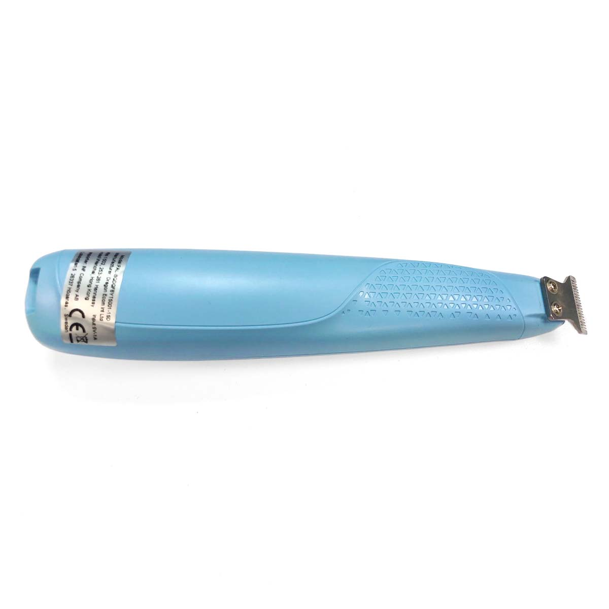 Un tagliacapelli azzurro con lame argentate e marchio CE.