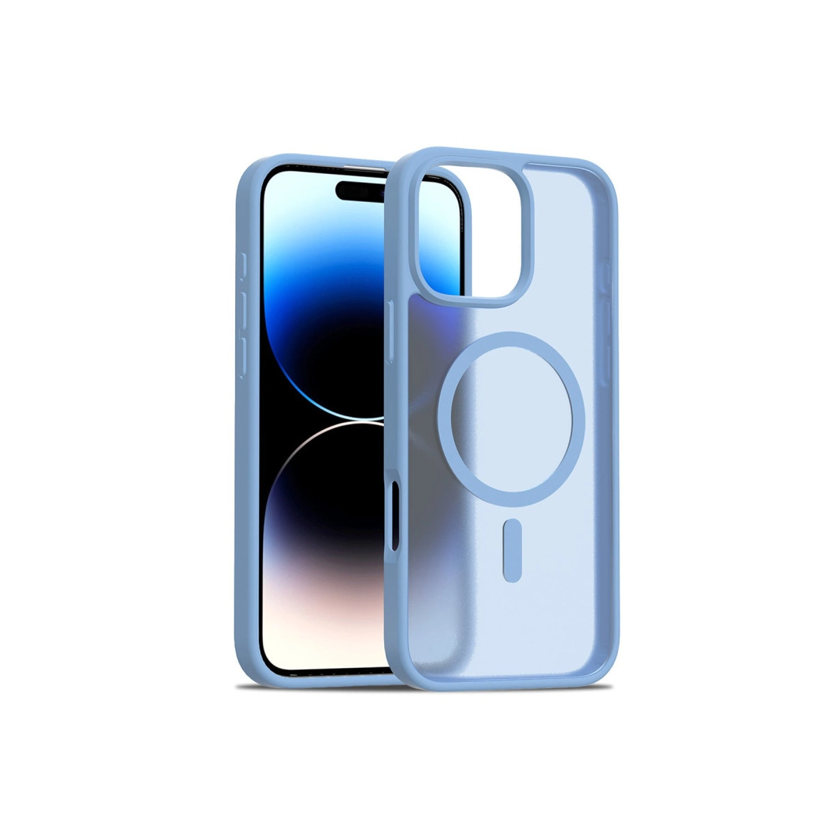 Beyaz arka planda akıllı telefonun yanında açık mavi telefon kılıfı.
