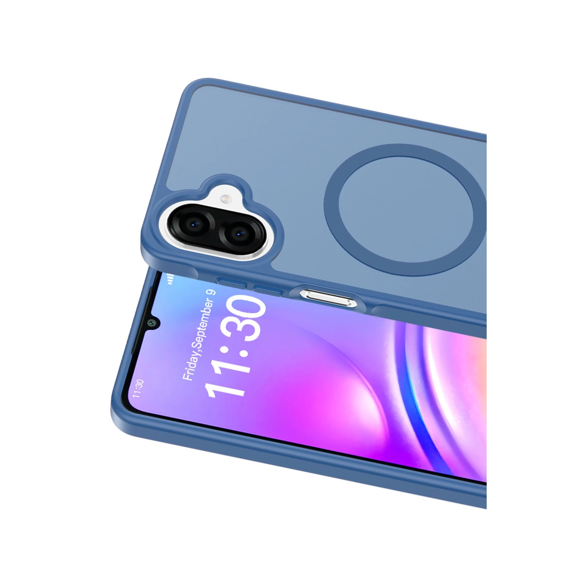 Arkada çift kamera lensli ve halkalı mavi telefon.