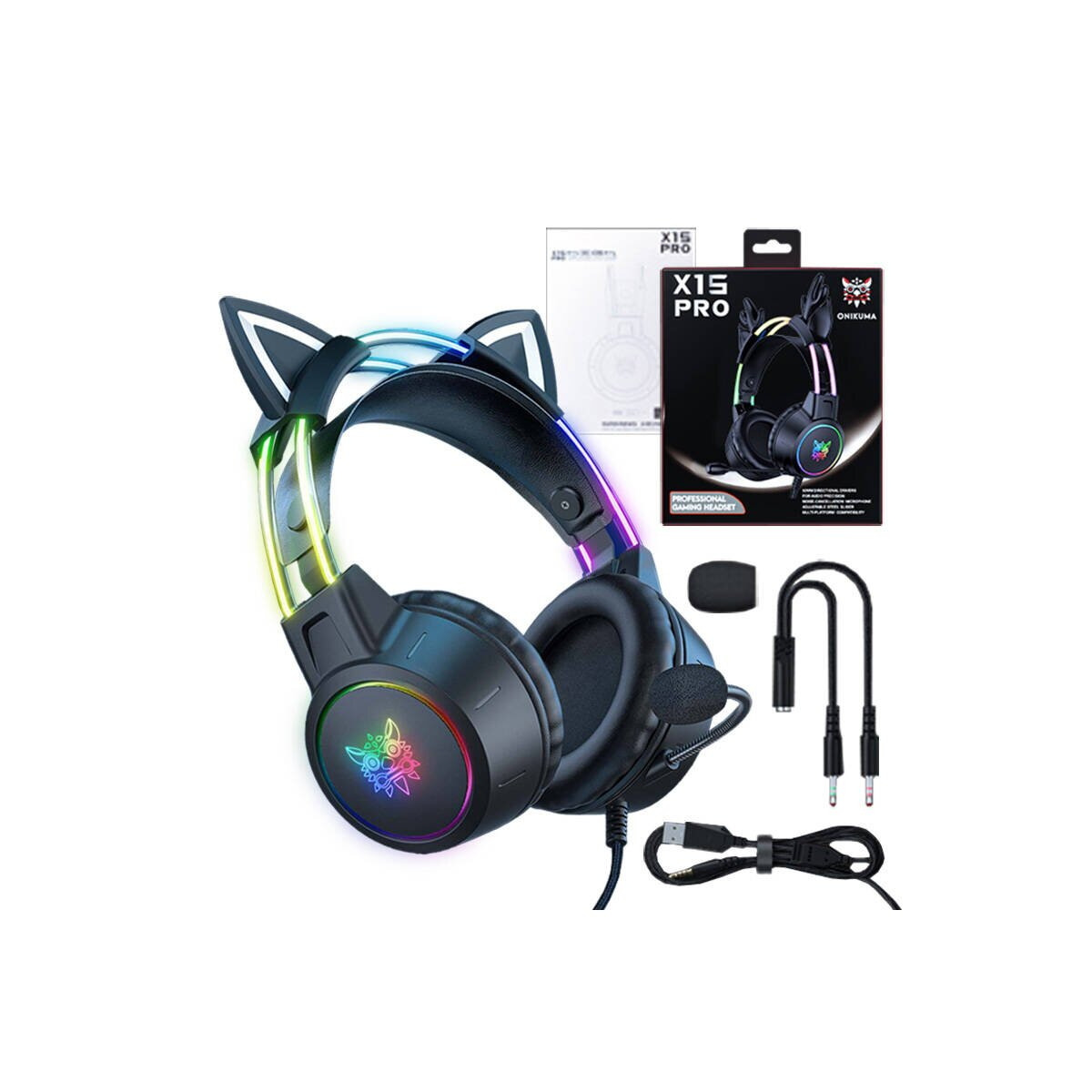 Cuffie da gaming nere con orecchie da gatto, illuminazione RGB e accessori.