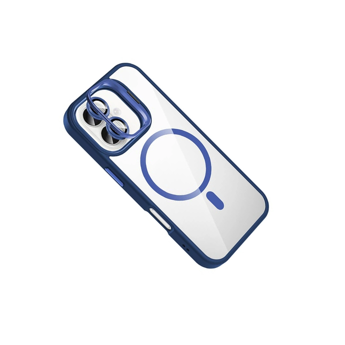 Mavi kenarlı ve kamera çerçeveli şeffaf telefon kılıfı.