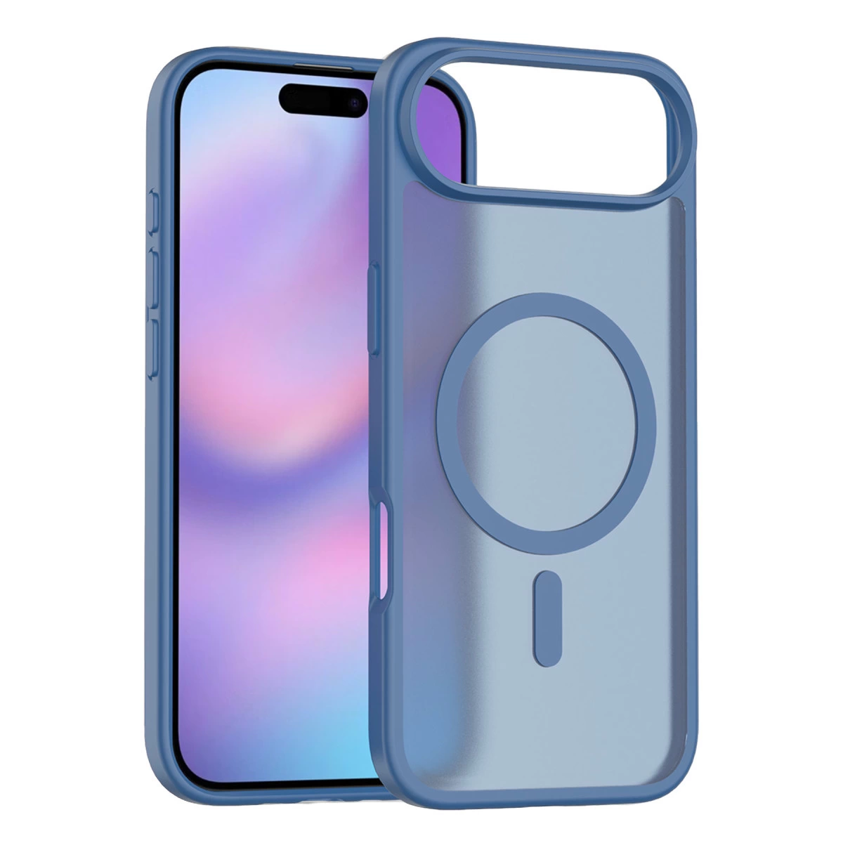 Akıllı telefonda manyetik halkalı, yarı saydam mavi telefon kılıfı.