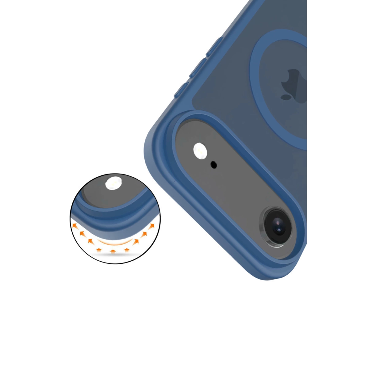 Apple logosu ve kamera korumalı mavi telefon kılıfı.