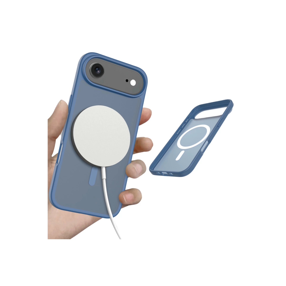 Arkasına takılı beyaz şarj plakalı mavi telefon kılıfı.