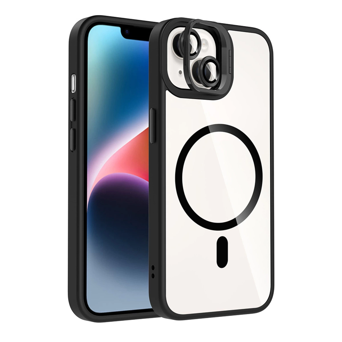 Daire ve çizgi gösteren şeffaf kılıflı siyah iPhone.