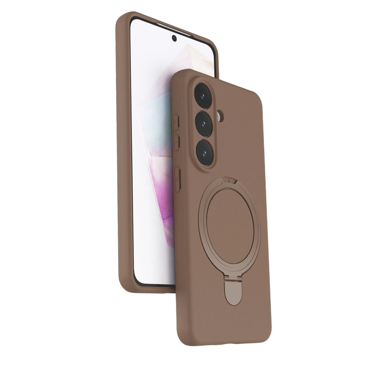 Beyaz arka plan üzerinde akıllı telefon önünde halka tutuculu kahverengi telefon kılıfı.