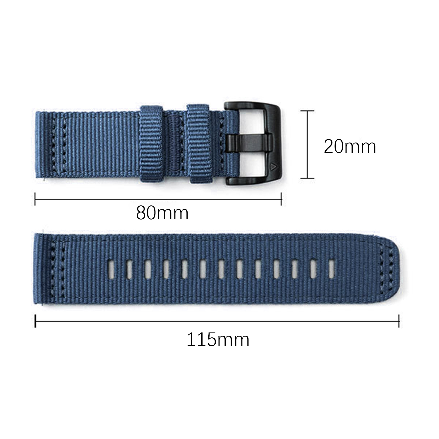 Cinturino in tessuto blu con fibbia nera. Dimensioni 80x20mm e 115mm.