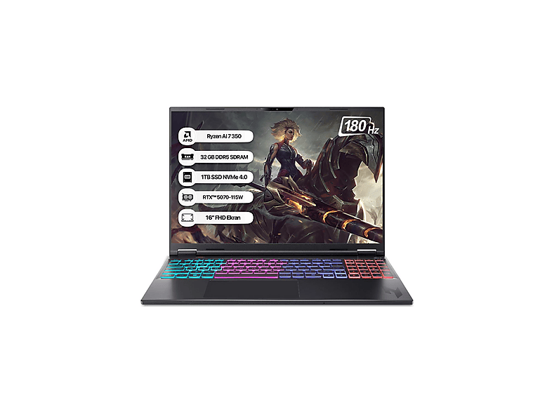 ACER Nitro 16S AI NH.QXKEY.002 RTX5070-8Gb  WQXGA 180Hz AMD  Ryzen Ai 7 350 32 GB RAM 1 TB SSD 16 inç FreeDOS Gaming Laptop Siyah