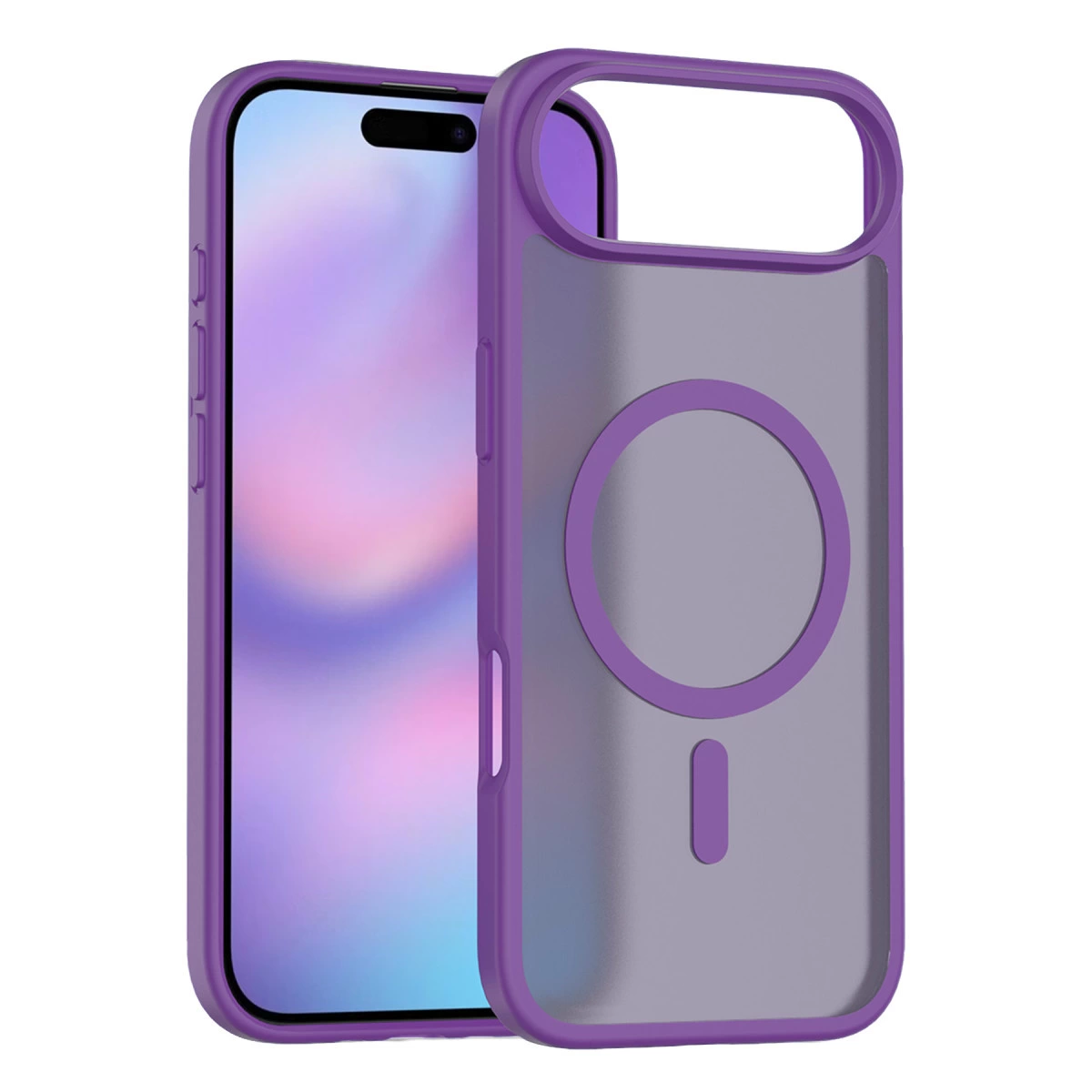 Arkada manyetik halkası olan mor telefon kılıfı.