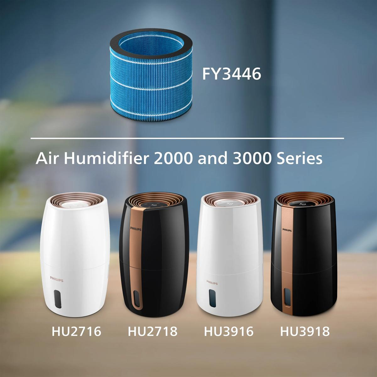 Un filtro azul de humidificador de aire sobre cuatro humidificadores blancos y negros.