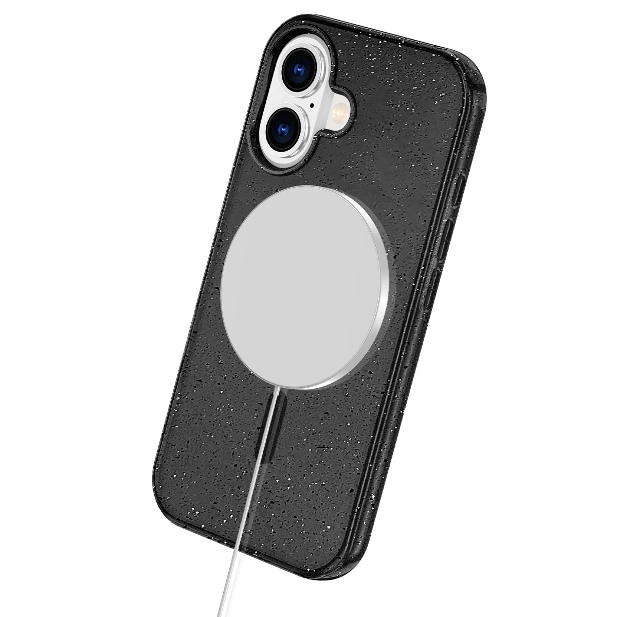Beyaz arka plan üzerinde gümüş manyetik şarj cihazlı siyah benekli telefon kılıfı.