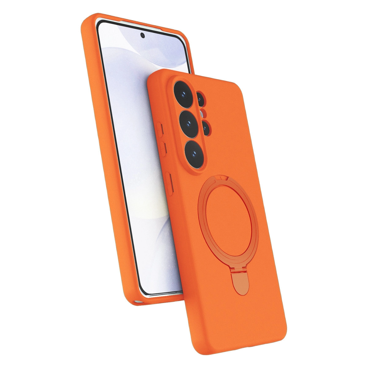 Yan yana üç kamera lensli, halka tutuculu turuncu telefon kılıfı.