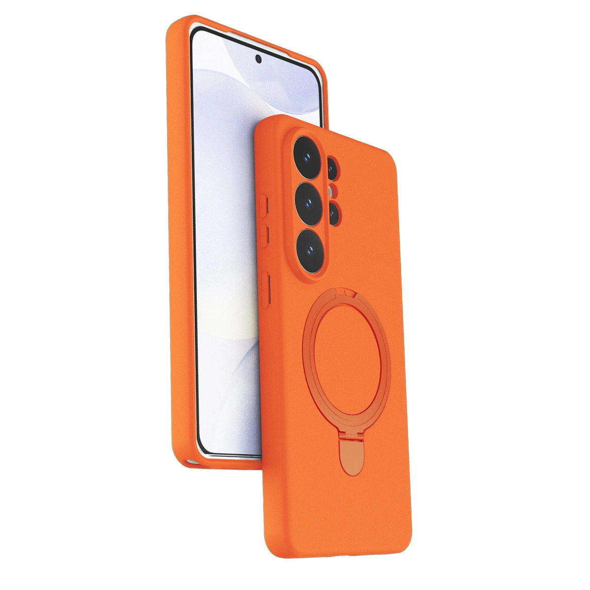 Turuncu renkli telefon, kılıfı ve halka tutucusuyla beyaz zeminde.