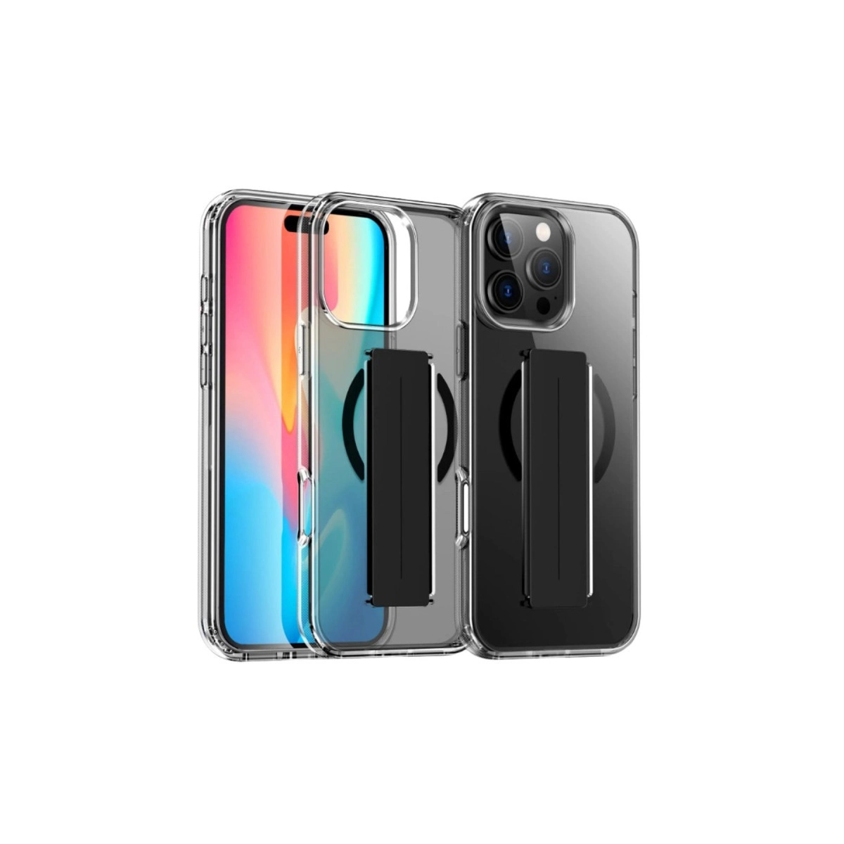 Arkada siyah stantlı iki şeffaf iPhone kılıfı, biri renkli ekranlı.