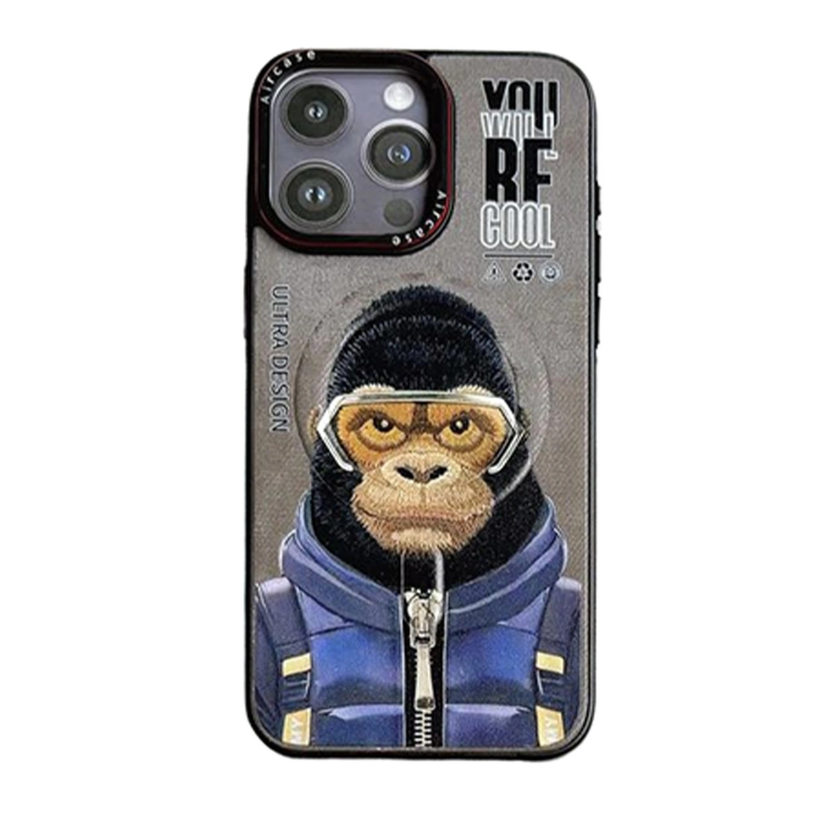 Üzerinde "YOU WILL BE COOL" yazısı olan mavi ceketli gorilli iPhone kılıfı.