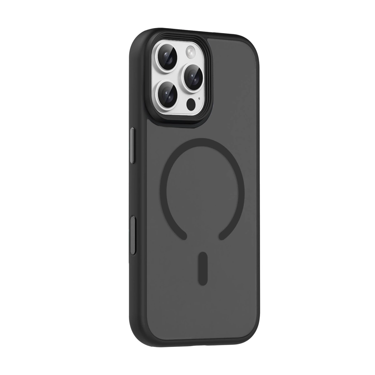 Üç kamera lensli ve dairesel amblemli siyah telefon kılıfı.
