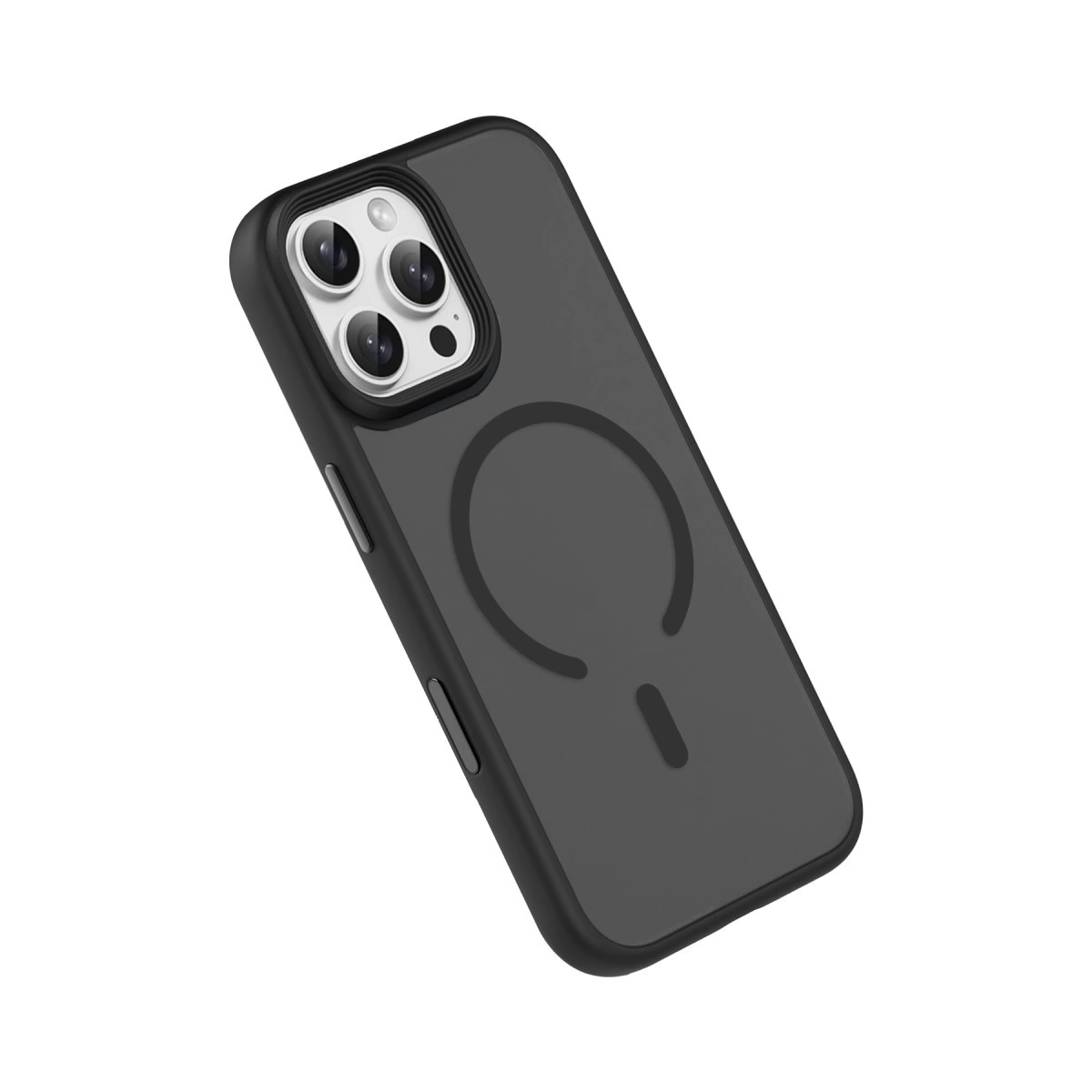 Üç kamera lensli ve manyetik şarj halkalı siyah telefon kılıfı.