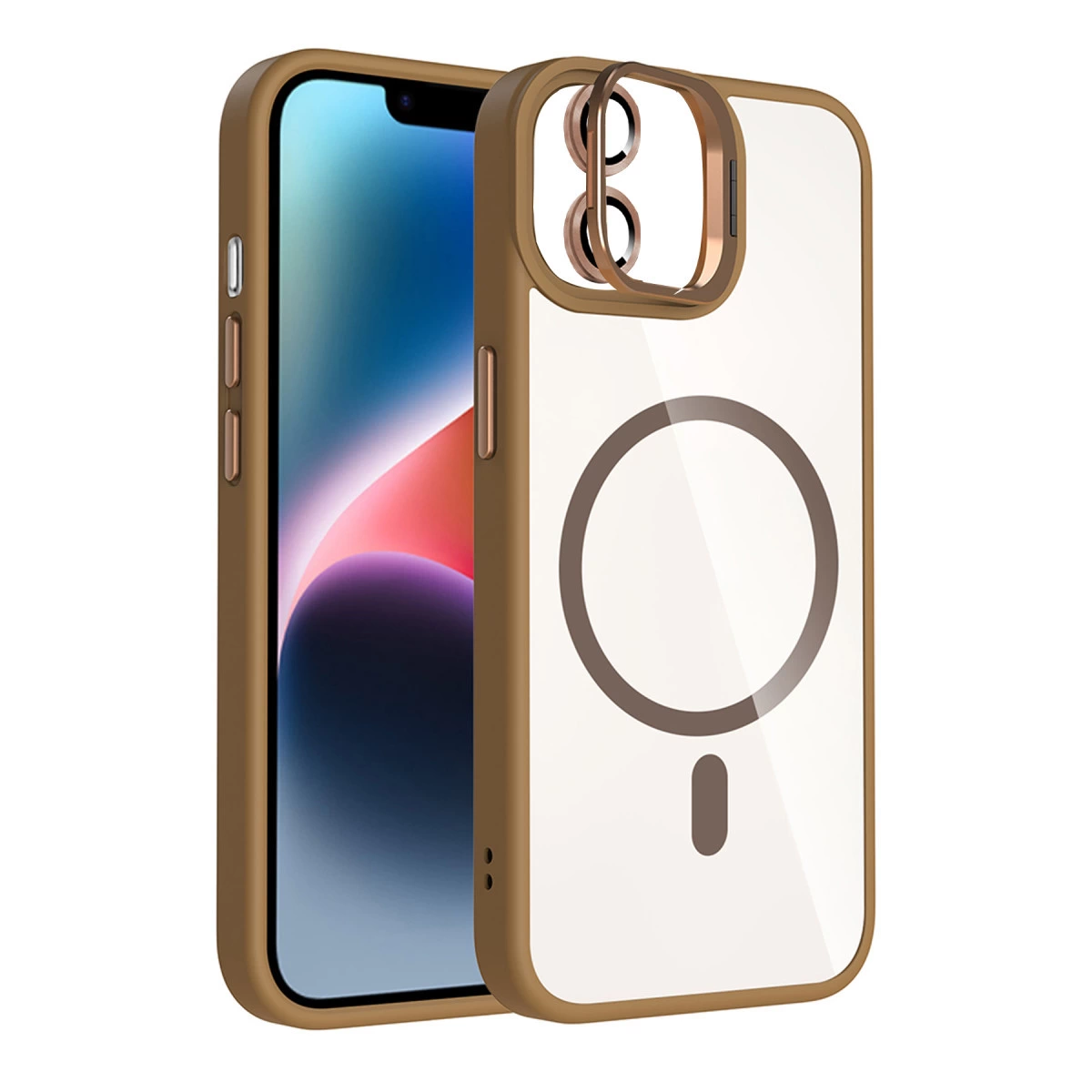 Daire ve çizgi desenli şeffaf arkalı kahverengi telefon kılıfı.