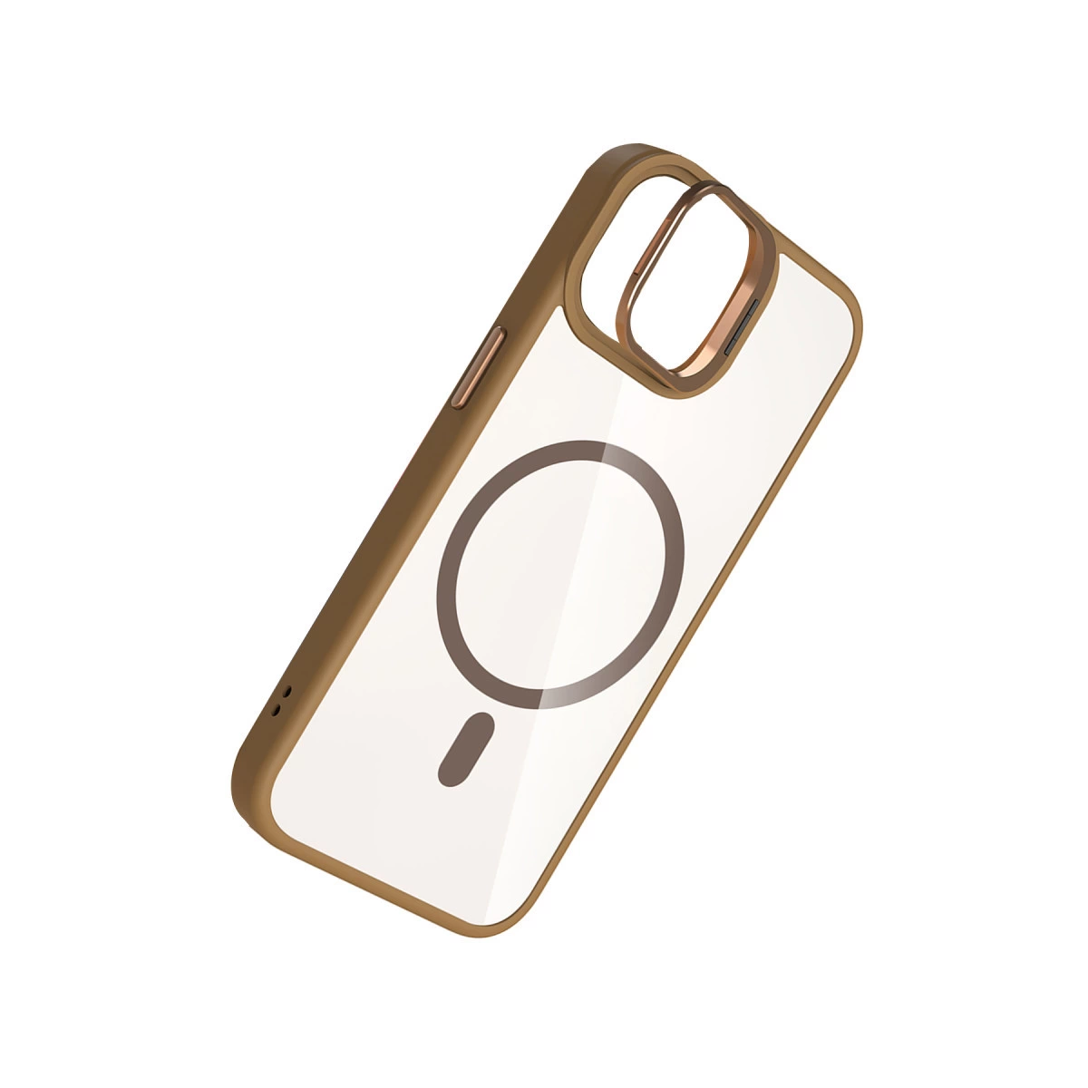Kahverengi metal çerçeveli ve manyetik şarj halkalı şeffaf telefon kılıfı.