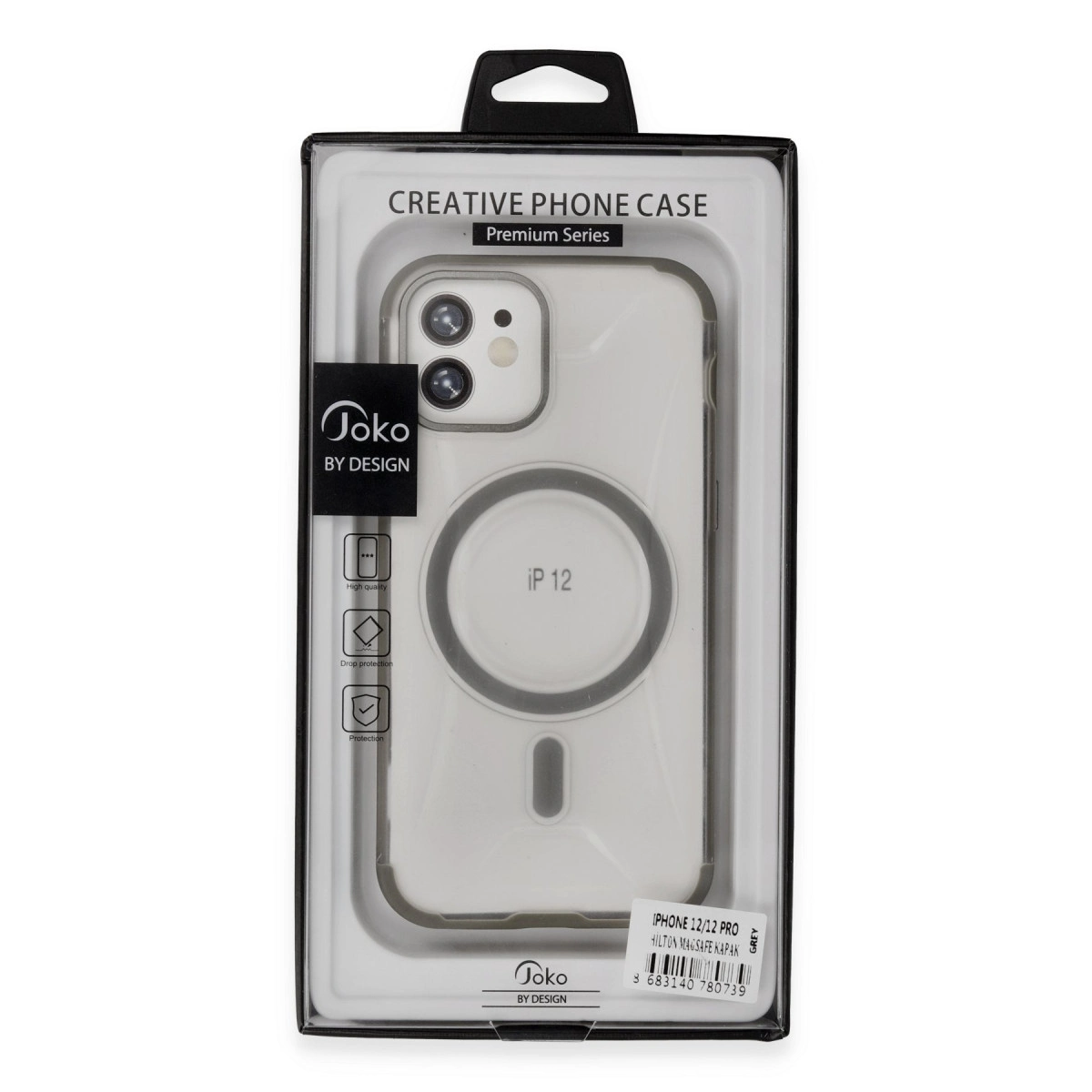 Gri paketlenmiş 'Joko by Design' logolu iPhone 12/12 Pro kılıfı.