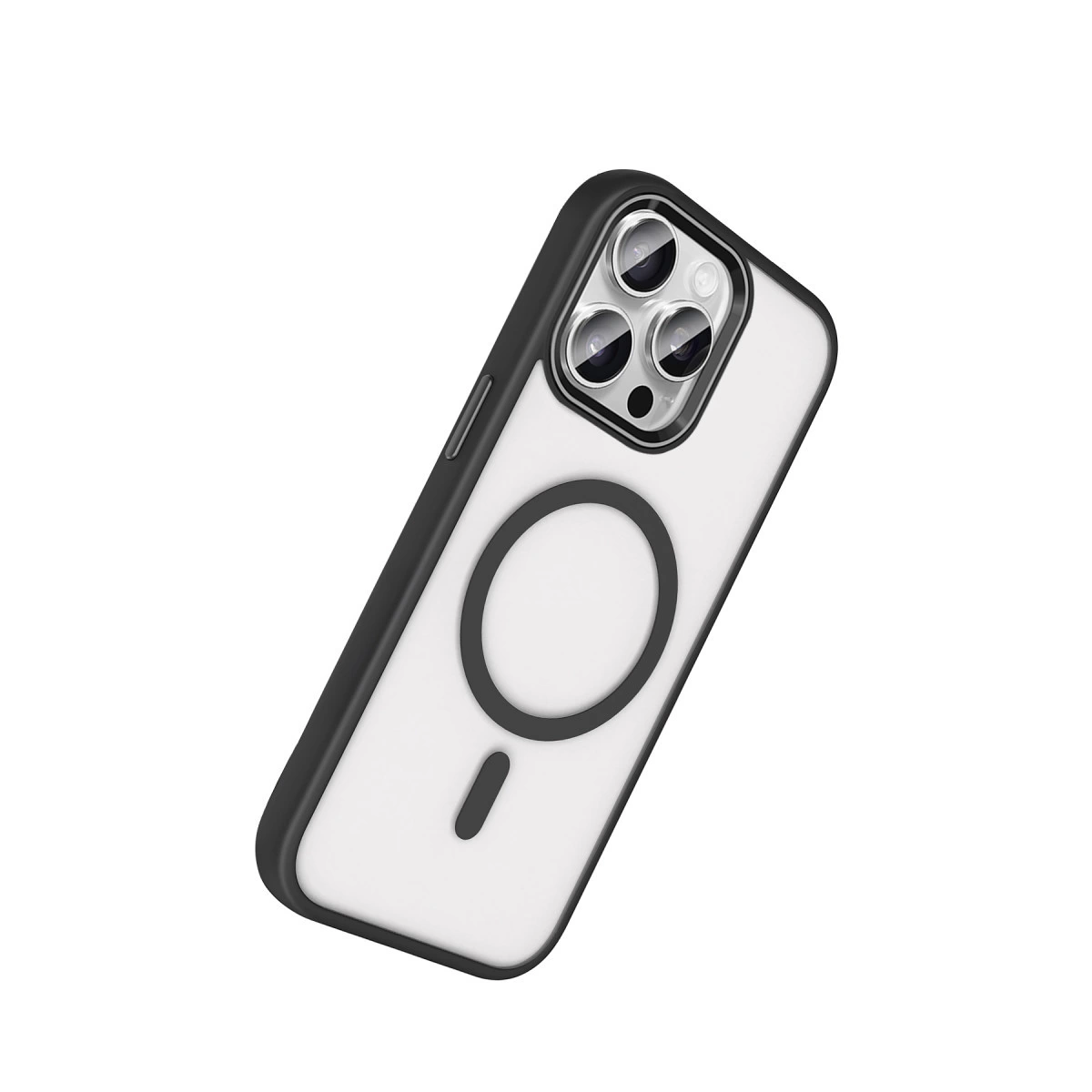 Siyah çerçeveli, kamera modüllü ve MagSafe halkalı şeffaf telefon kılıfı.