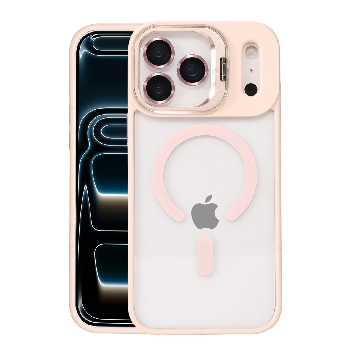 NEWFACE iPhone 17 Pro Max Uyumlu Remim Lensli Magsafe Standlı Kapak Telefon Kılıfı Pembe