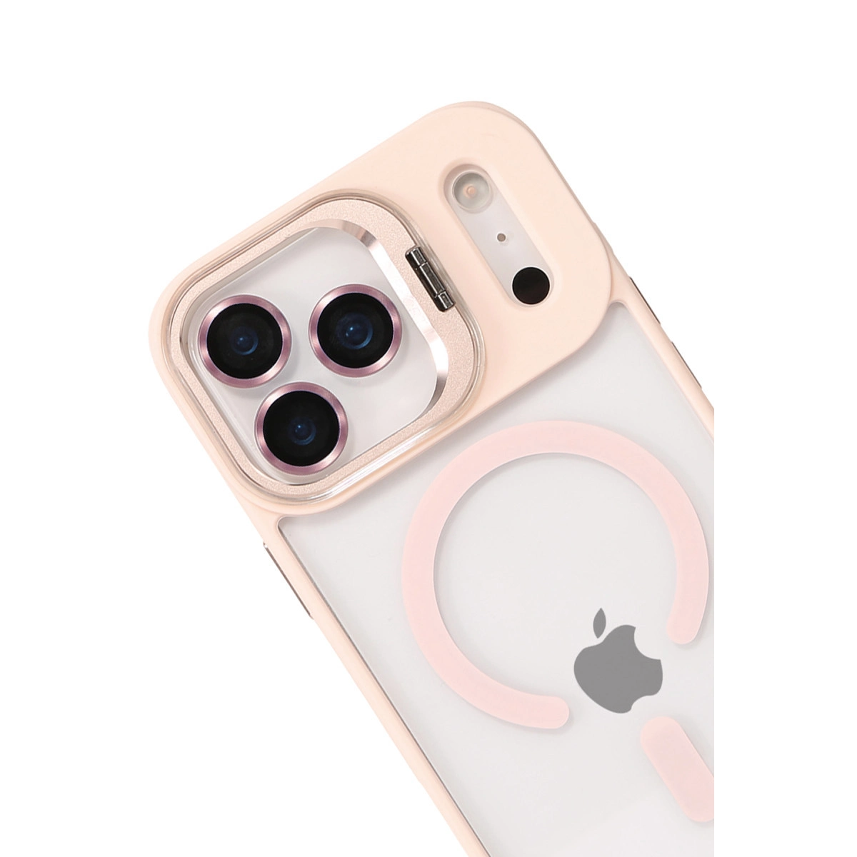 Üç kameralı ve Apple logosu olan pembe telefon kılıfı.