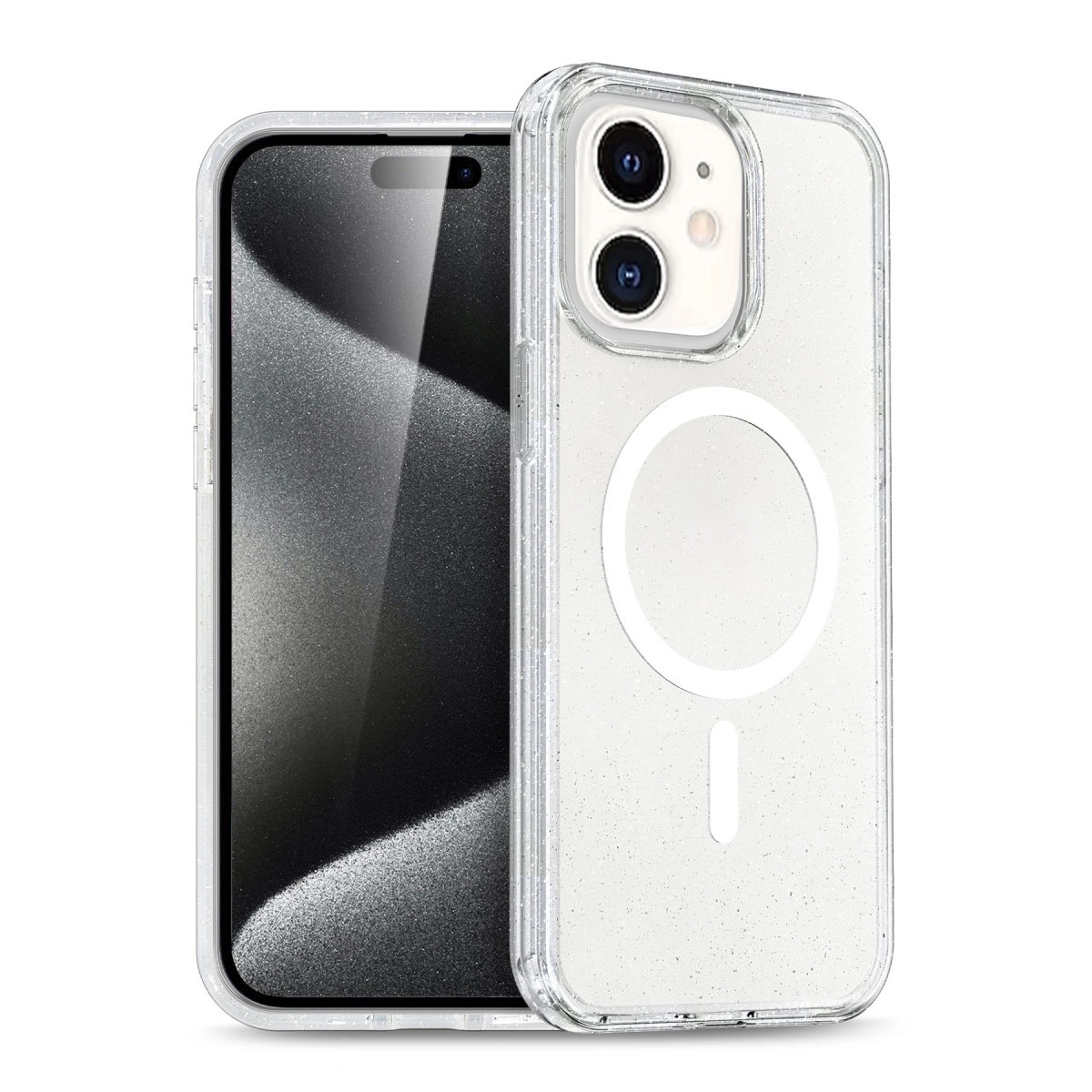 Şeffaf simli iPhone kılıfı, bir iPhone'un yanında.