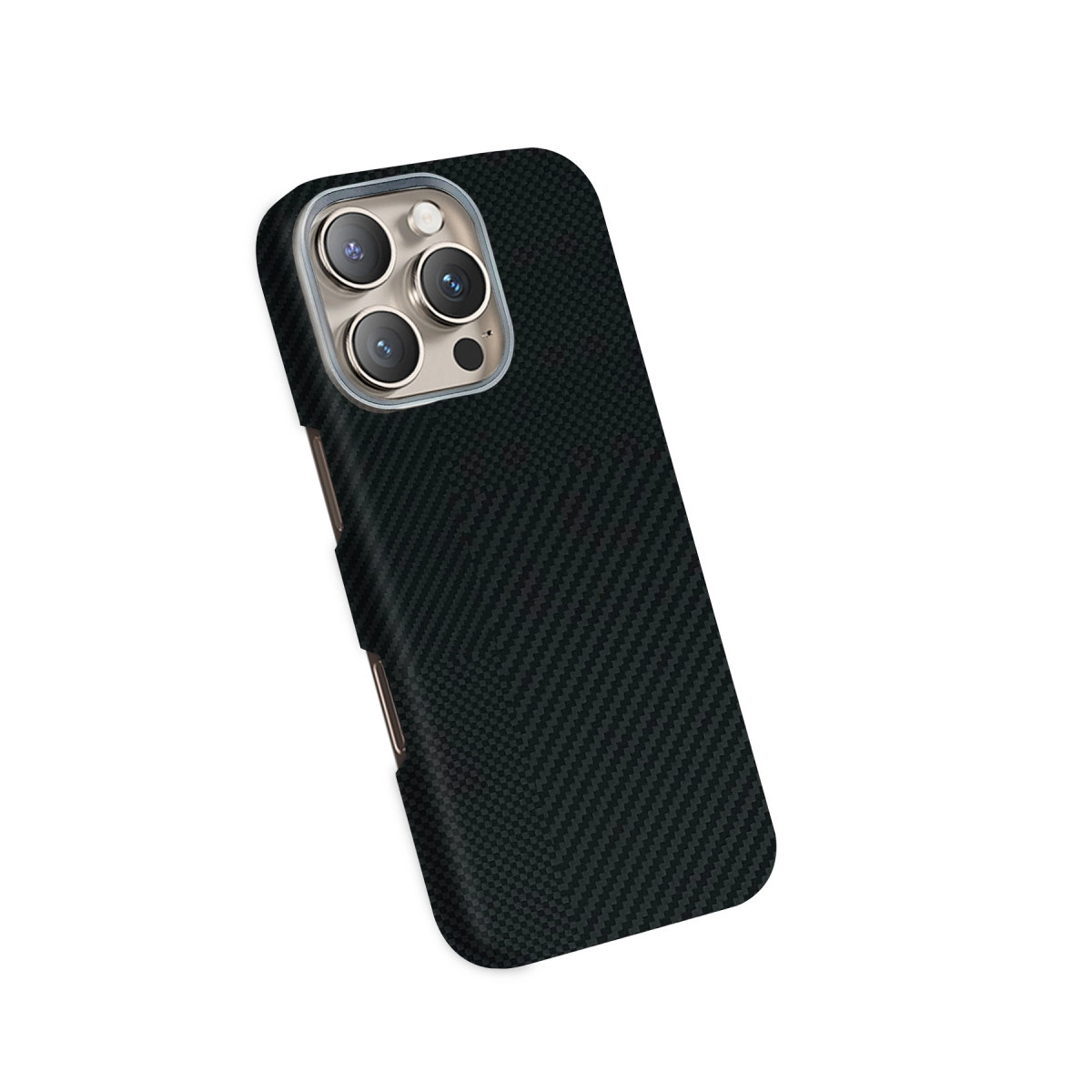 Kamera kesimli siyah karbon fiber desenli telefon kılıfı.