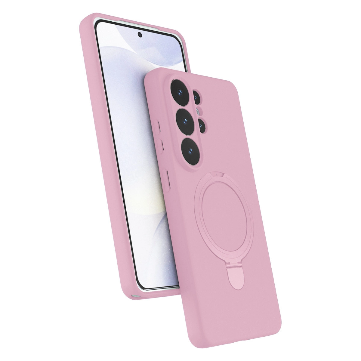 Halka tutuculu pembe telefon kılıfı bir akıllı telefonun üzerinde.