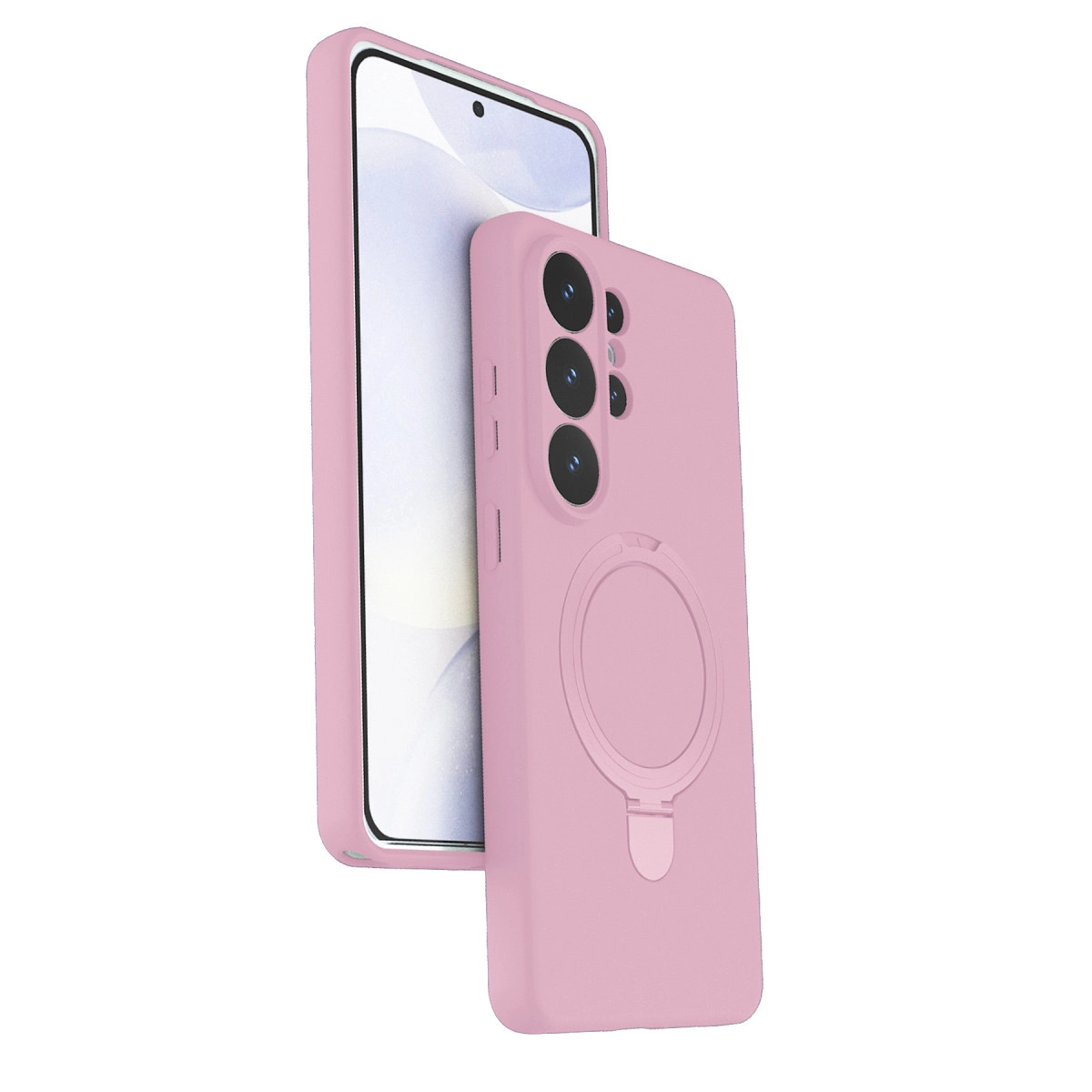 Halka stantlı pembe bir akıllı telefon kılıfı telefonun yanında gösteriliyor.