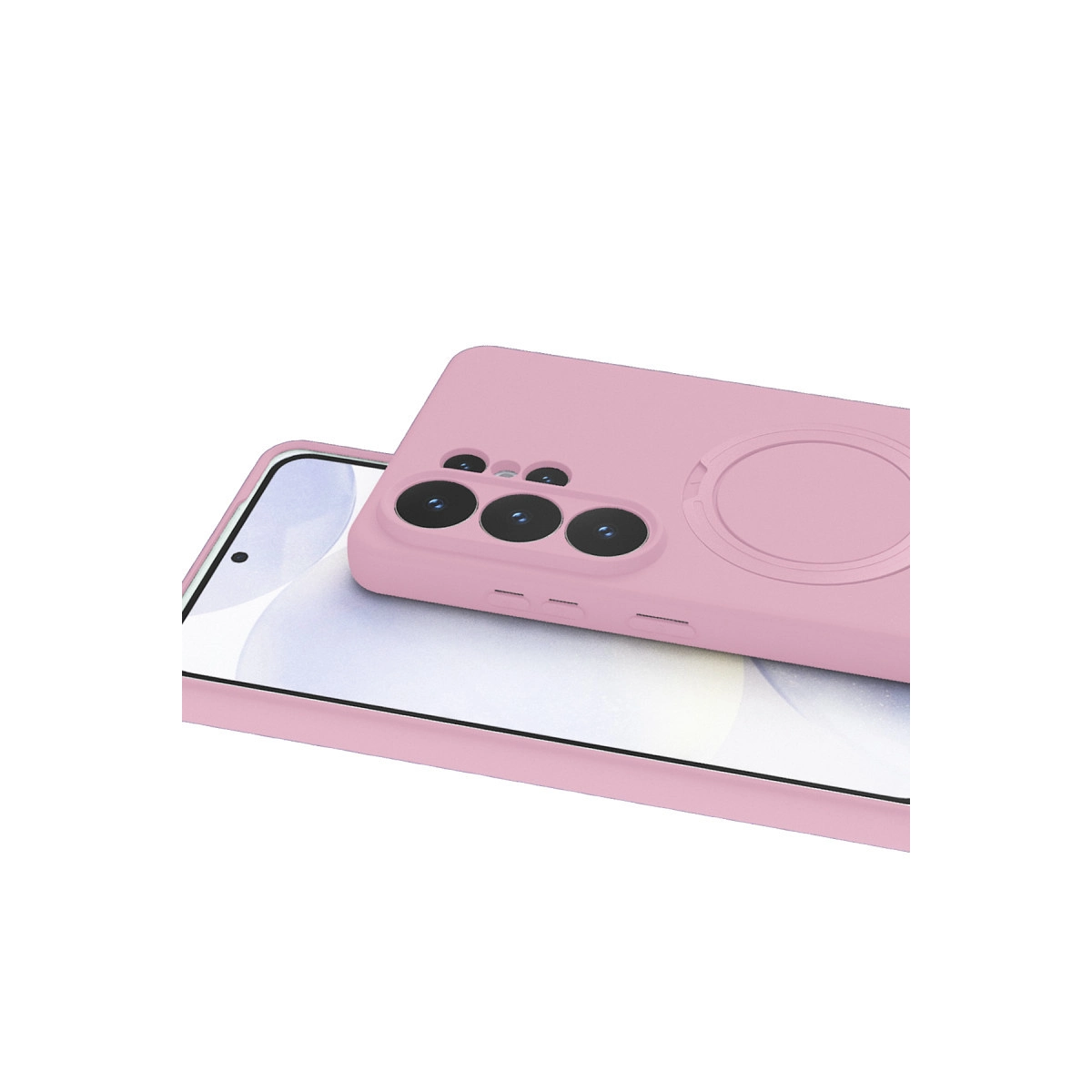 Üç kamera lensi ve halka tutuculu pembe telefon kılıfı.