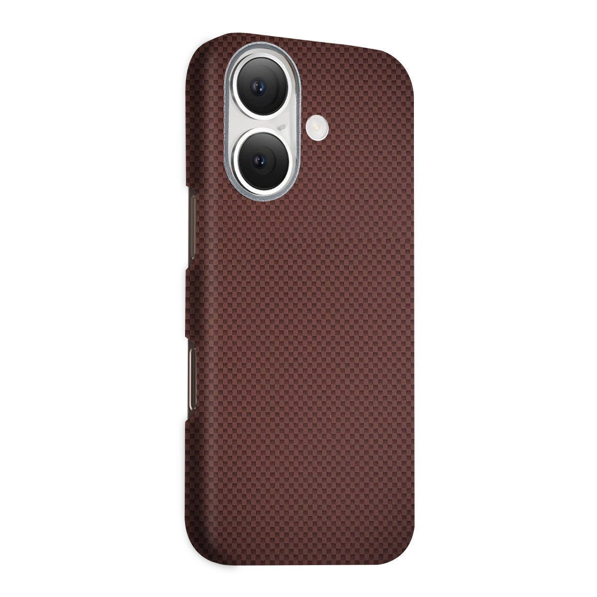 Karbon fiber dokulu, iki lensli kahverengi telefon kılıfı.