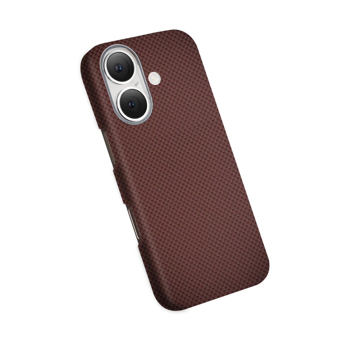 Kamera kesimli ve flaşlı, kahverengi karbon desenli telefon kılıfı.