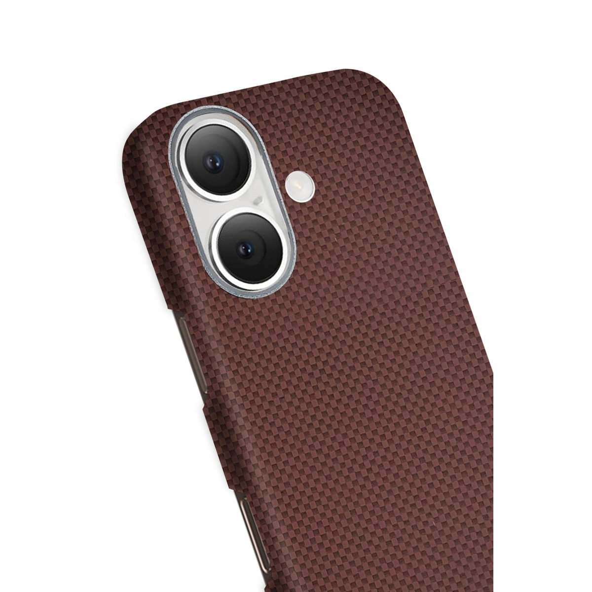Karbon fiber desenli ve çift kameralı koyu kahverengi telefon kılıfı.