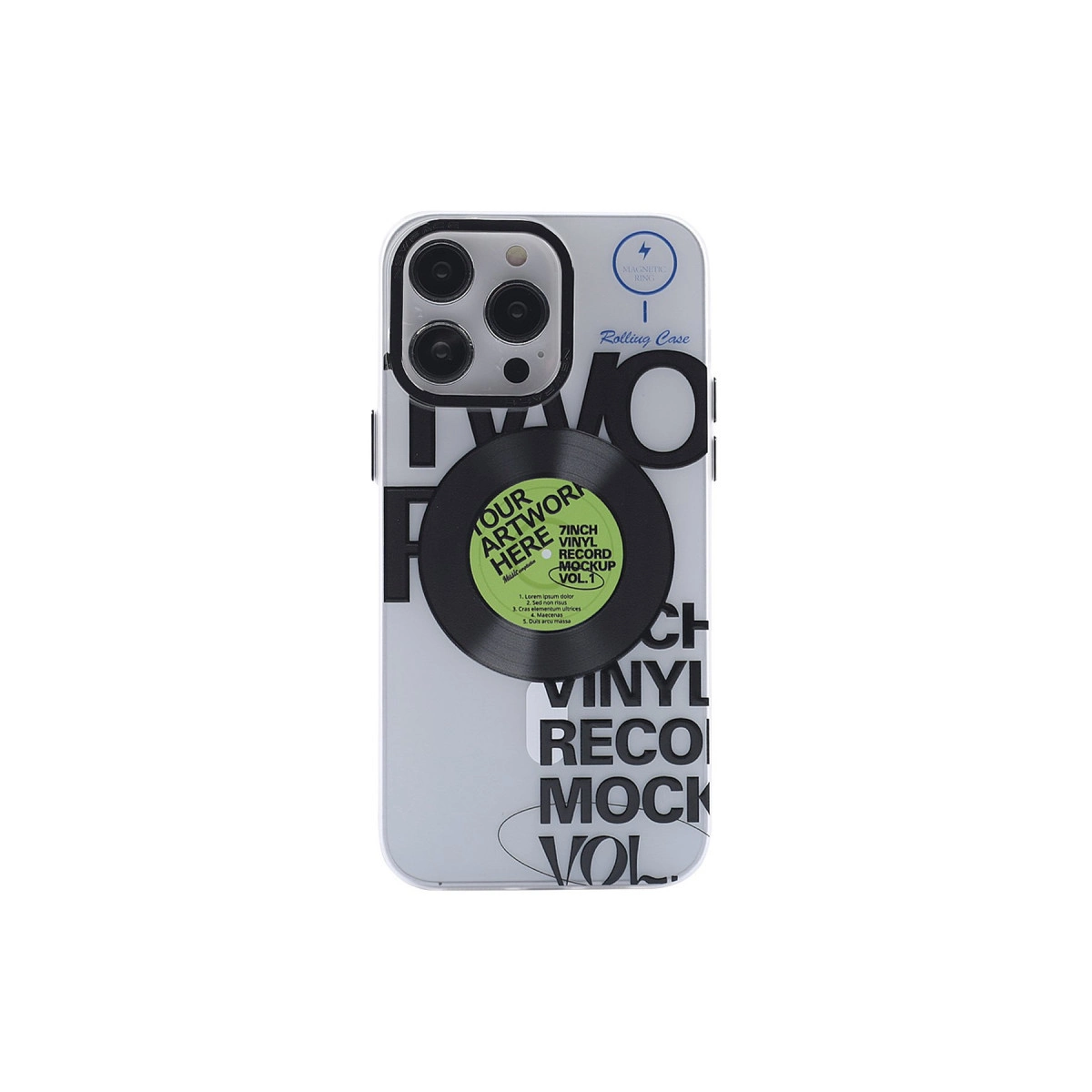 Vinil kayıt tasarımlı ve "Rolling Case" yazılı iPhone kılıfı.