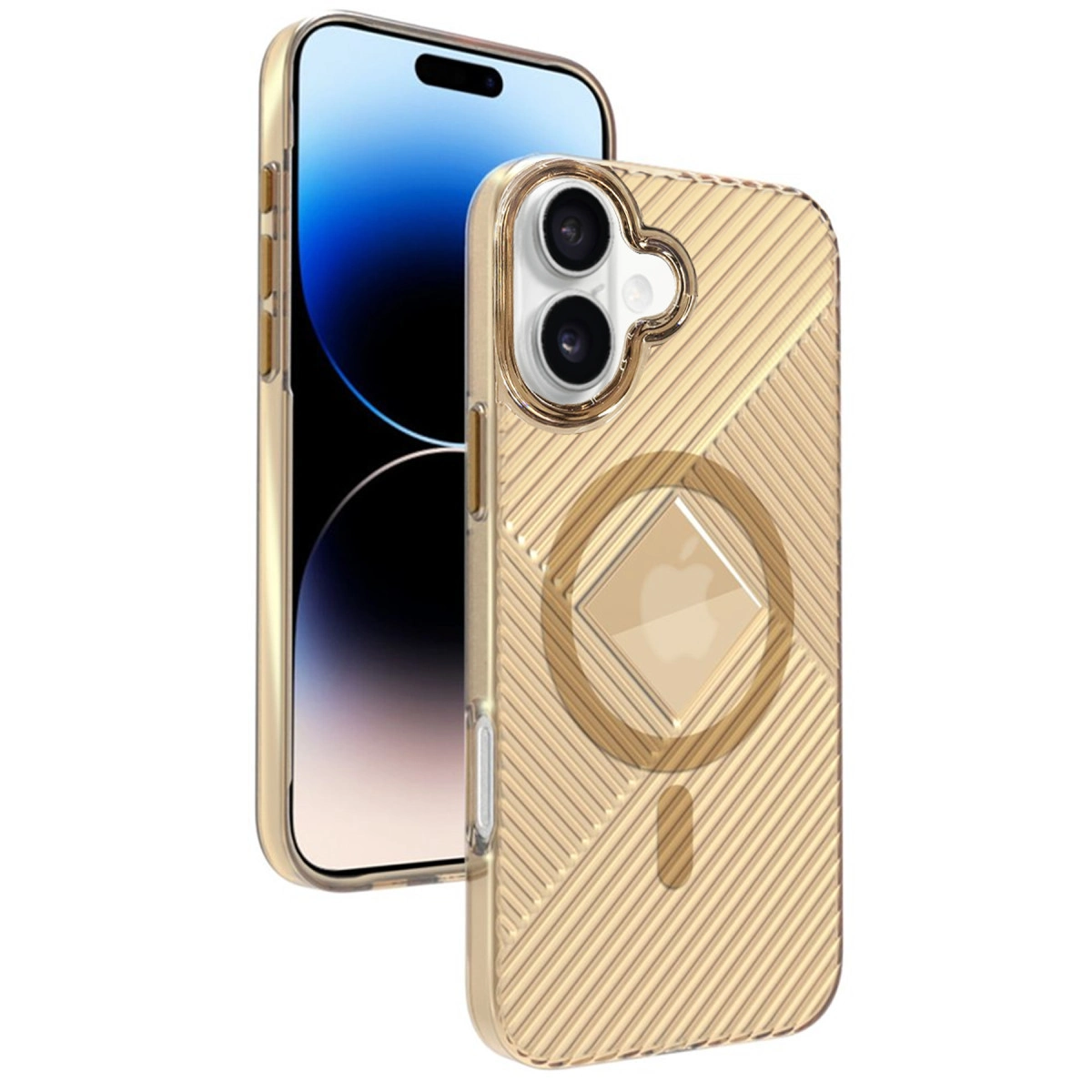 Mıknatıslı halka ve Apple logosunu gösteren şeffaf, yivli kılıflı altın iPhone.