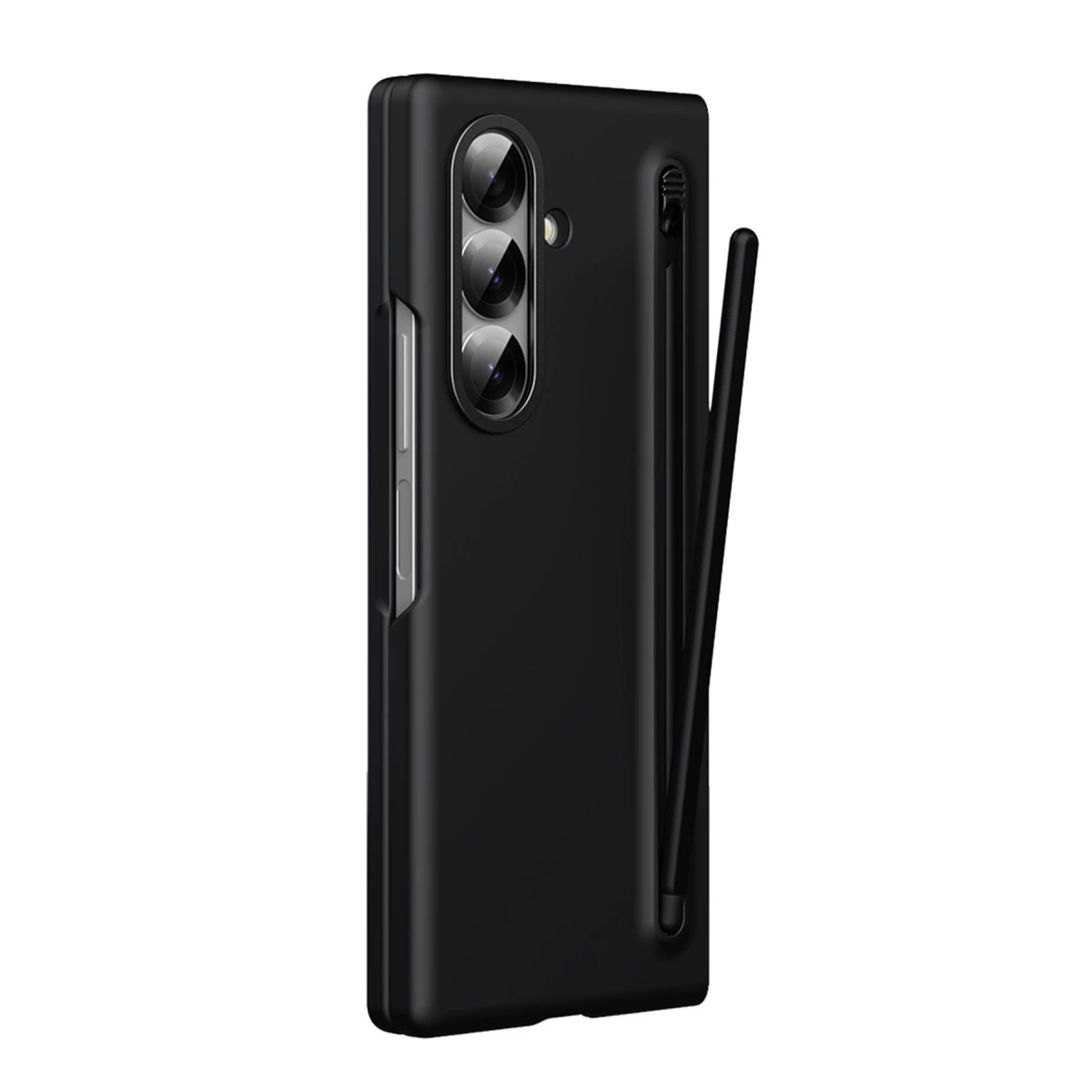 Kalem yuvası ve üçlü kamera kesimli siyah akıllı telefon kılıfı.