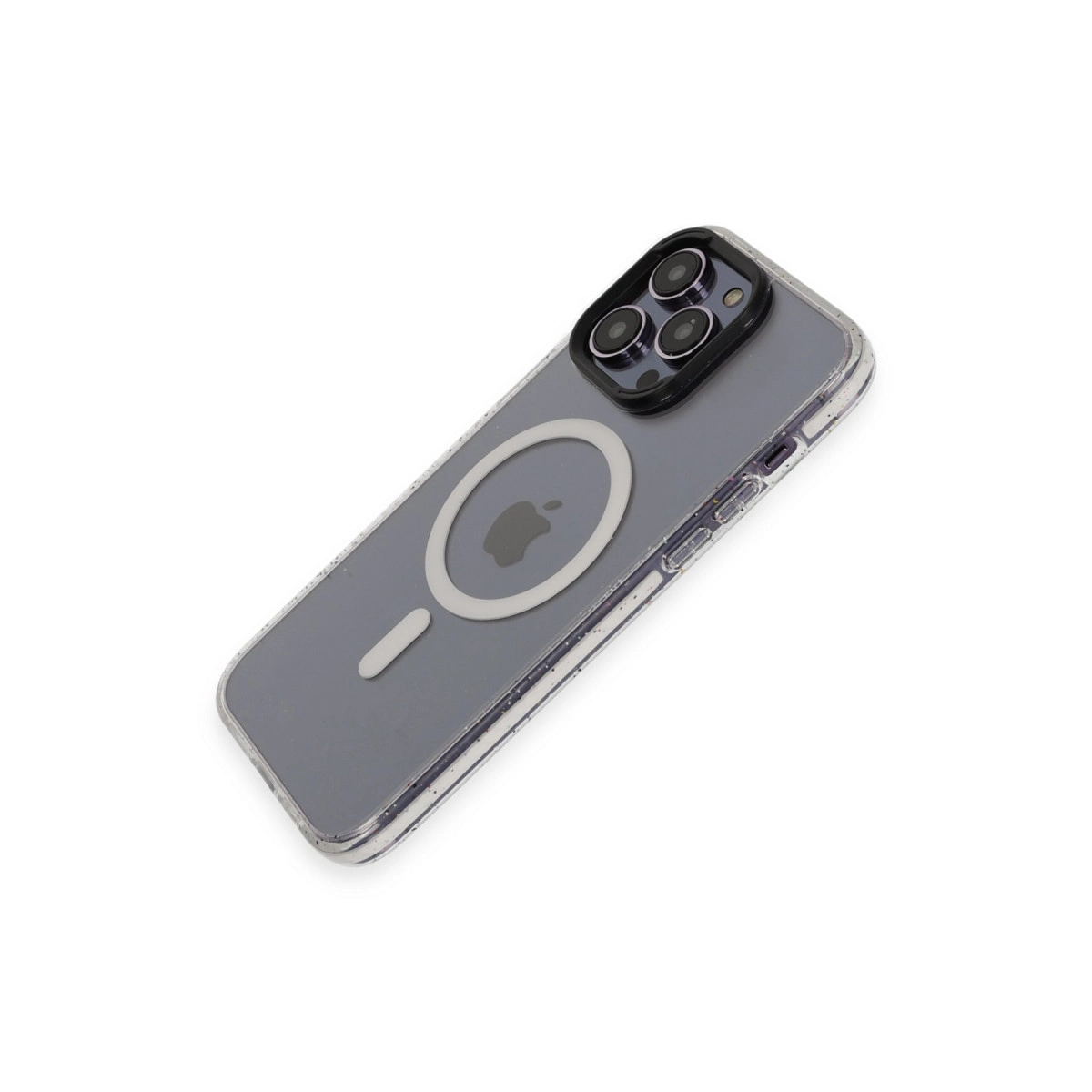 MagSafe halkalı ve kameralı şeffaf telefon kılıfı, beyaz zeminde.