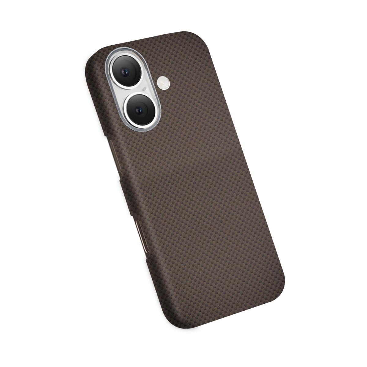 Koyu kahverengi karbon fiber desenli telefon kılıfı, çift kamera kesimi.