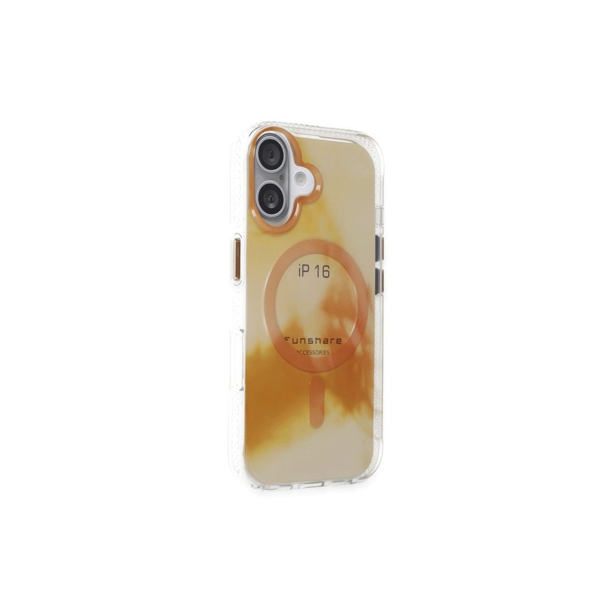 Turuncu-sarı mermer desenli ve kamera kesimli şeffaf telefon kılıfı.