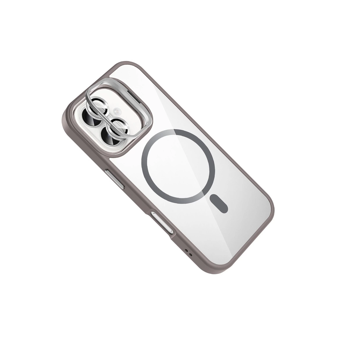 MagSafe halkalı ve gri kenarlı şeffaf telefon kılıfı.