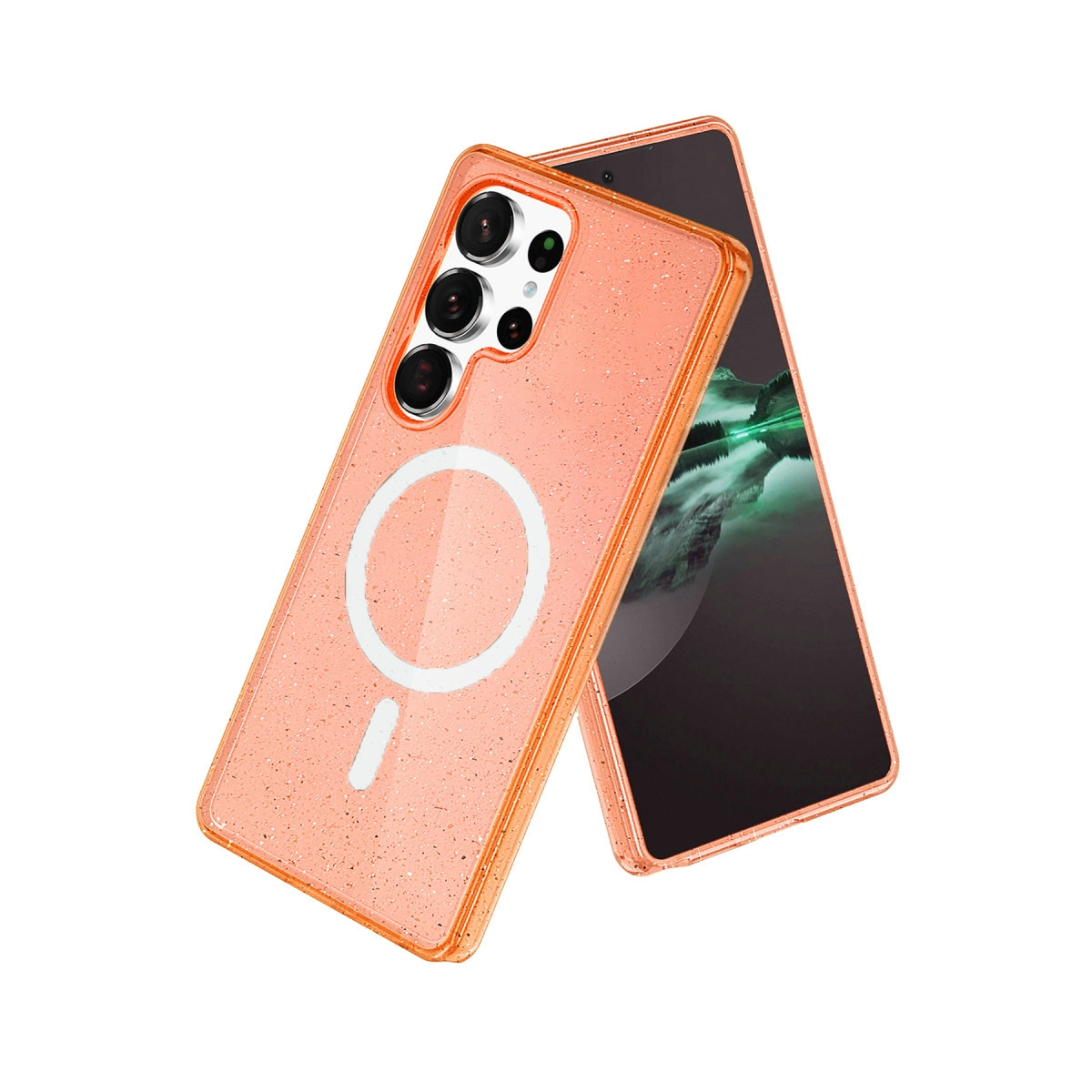 Mıknatıslı halkalı turuncu simli telefon kılıfı ve telefon.