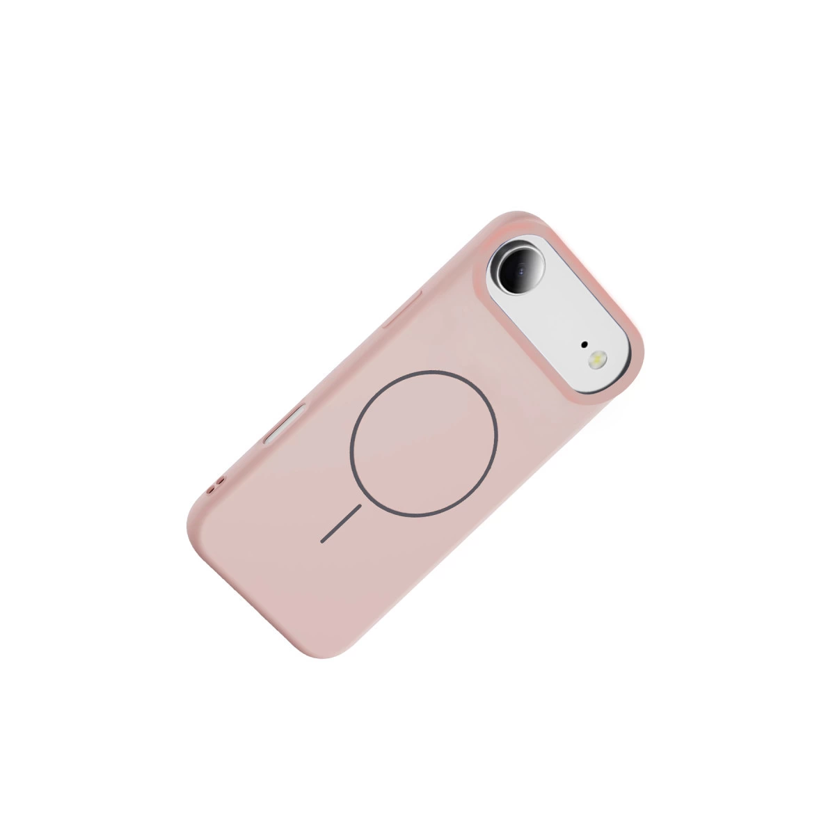 Siyah halka ve çizgi tasarımlı, kamera oyuntulu pembe telefon kılıfı.