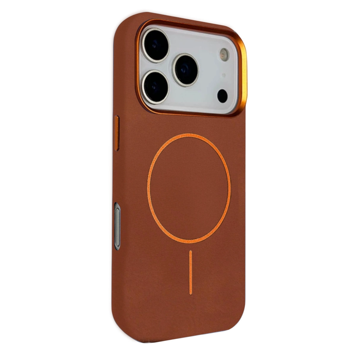 Üç kameralı, turuncu halka/çizgi desenli kahverengi telefon kılıfı.