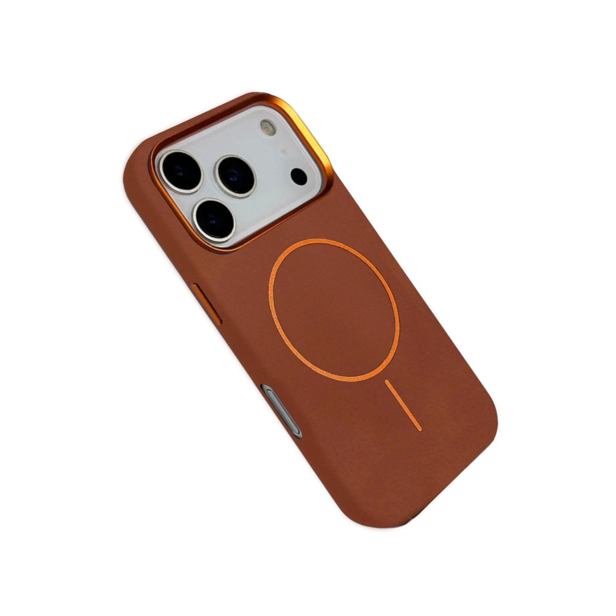 Kamera çıkıntılı ve manyetik halkalı kahverengi telefon kılıfı.