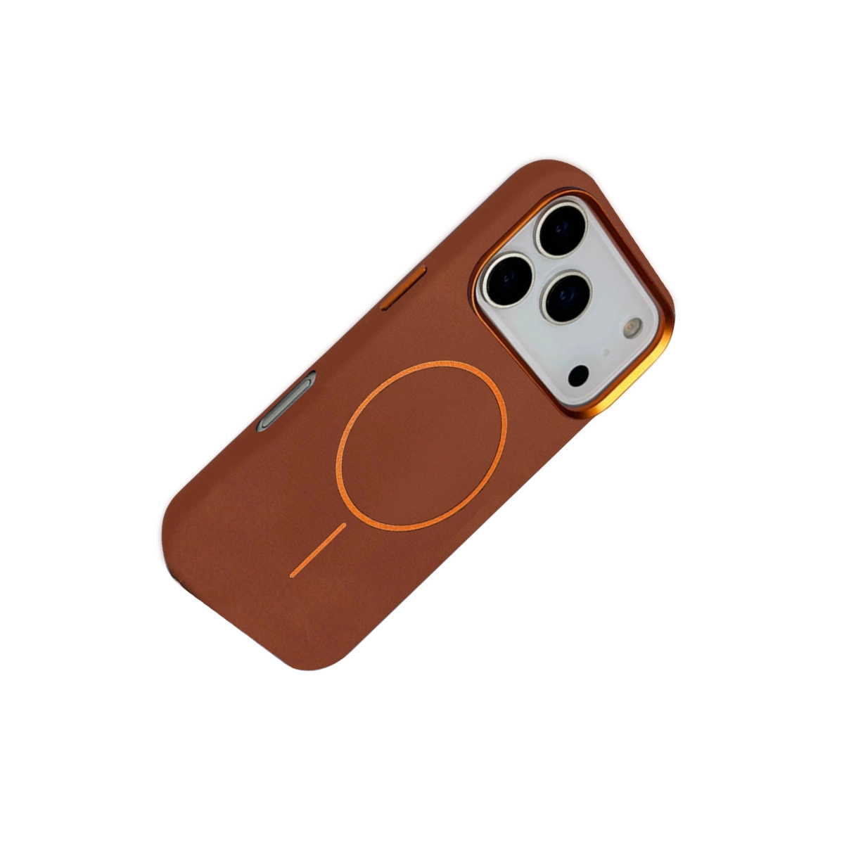 MagSafe halkalı ve kamera kesimli kahverengi telefon kılıfı.