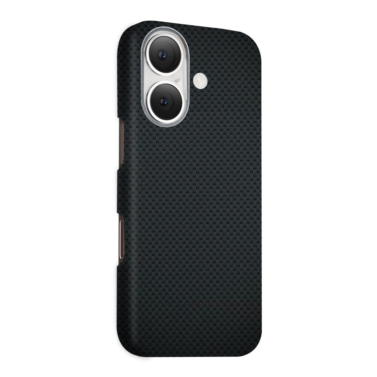 Karbon fiber desenli ve çift kameralı koyu gri telefon kılıfı.